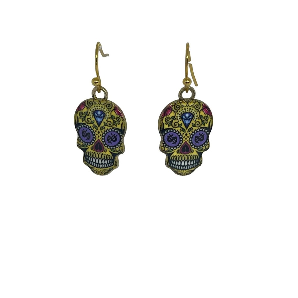 Sugar Skull Earrings $ Eyes - Gold Plated Enamel - Hypoallergenic